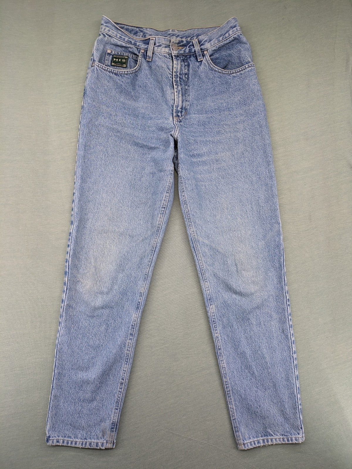 H.I.S blue mom jeans high waist vintage denim with classic 90s wash and straight cut.