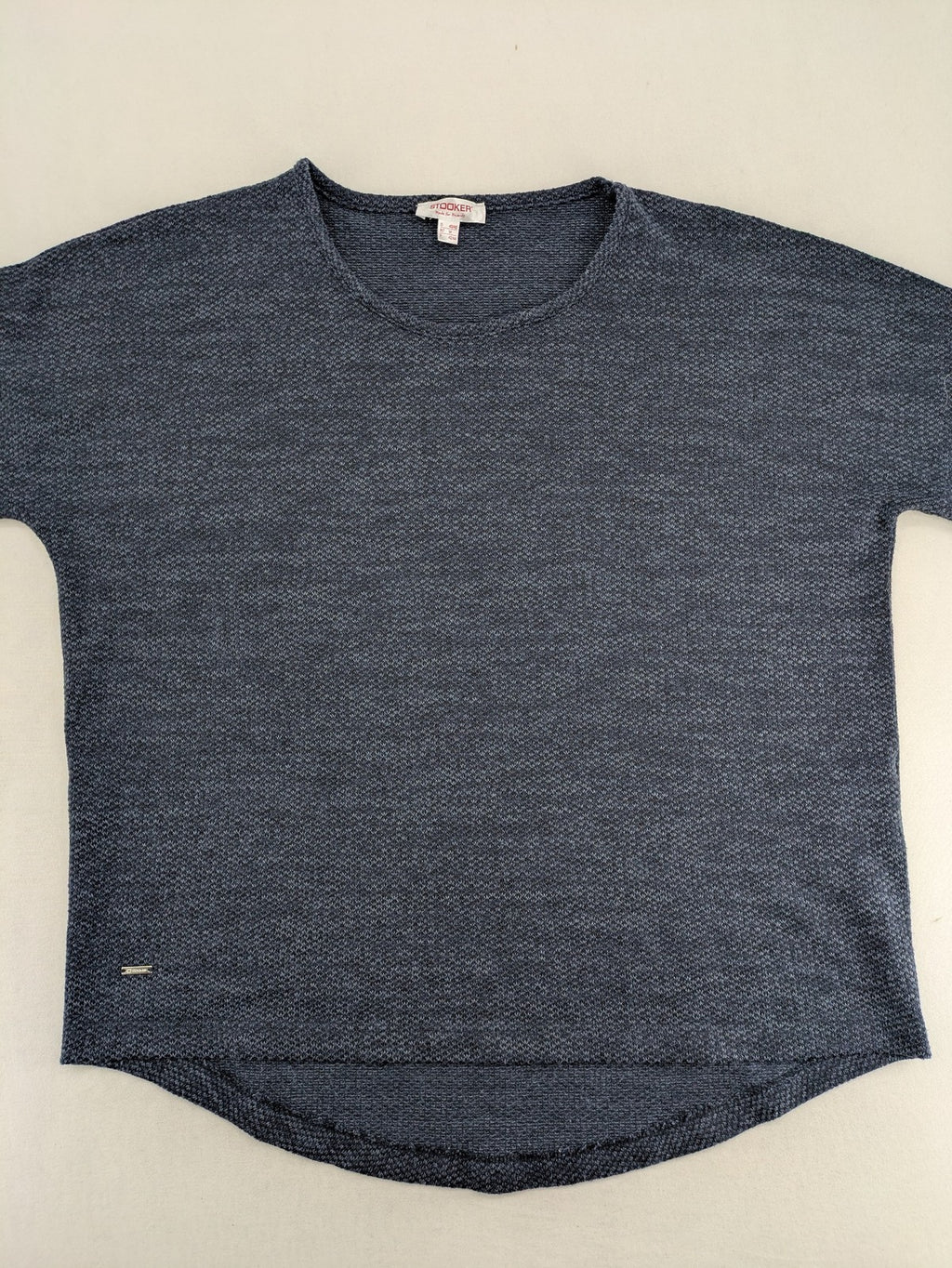 Stooker blue turtle neck jumper with melange knit texture and 3/4 sleeves.