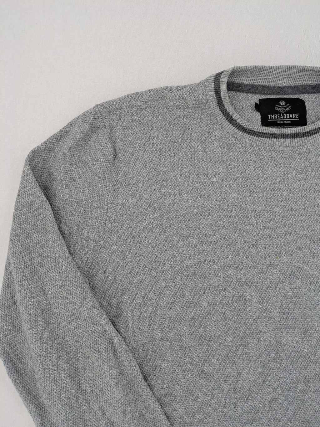 Threadbare grey turtle neck jumper with textured knit and dark grey collar trim.