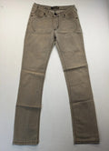Masha khaki straight jeans with rhinestone embellishments and decorative stitching.