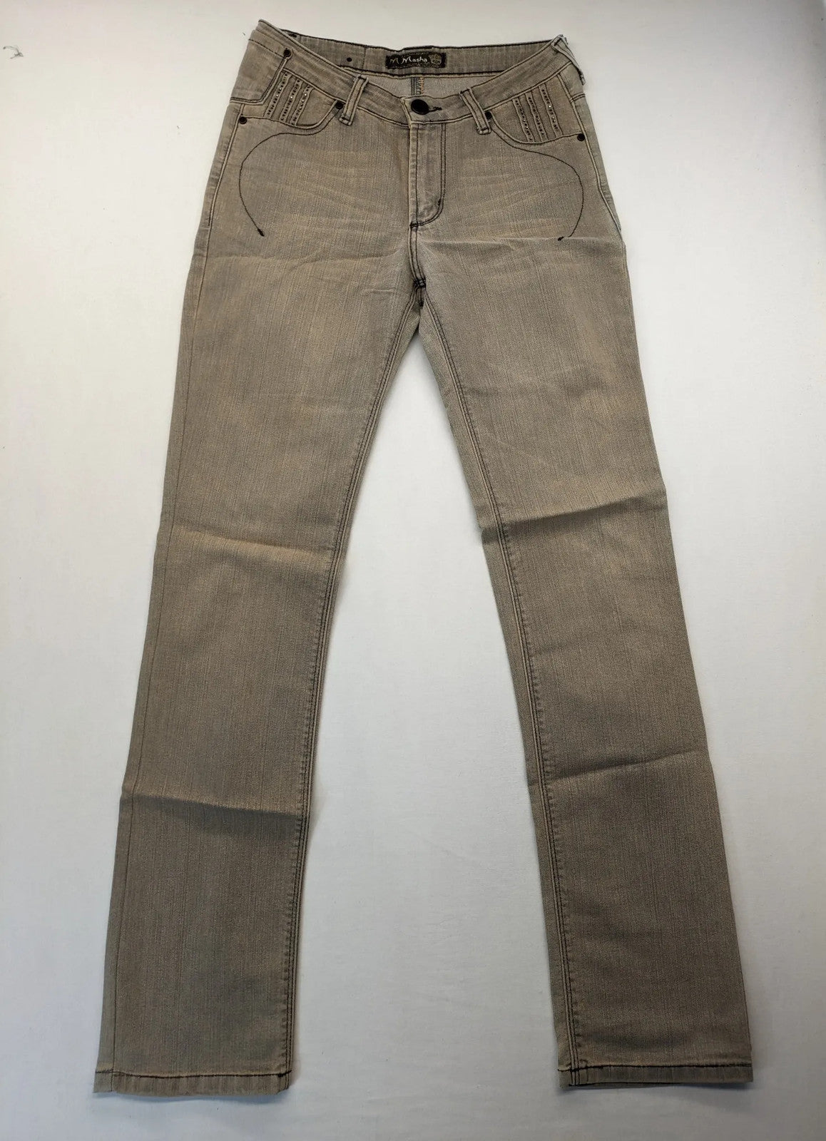 Masha khaki straight jeans with rhinestone embellishments and decorative stitching.