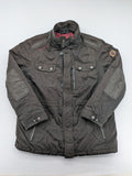 Gate One brown field jacket with plaid lining, multiple pockets, and zip-button closure.