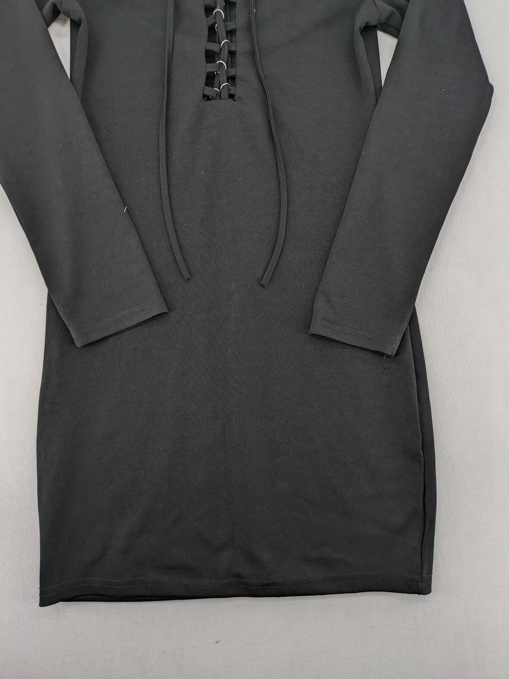 yvesline grey bodycon mini dress with V-neck and lace-up front detail