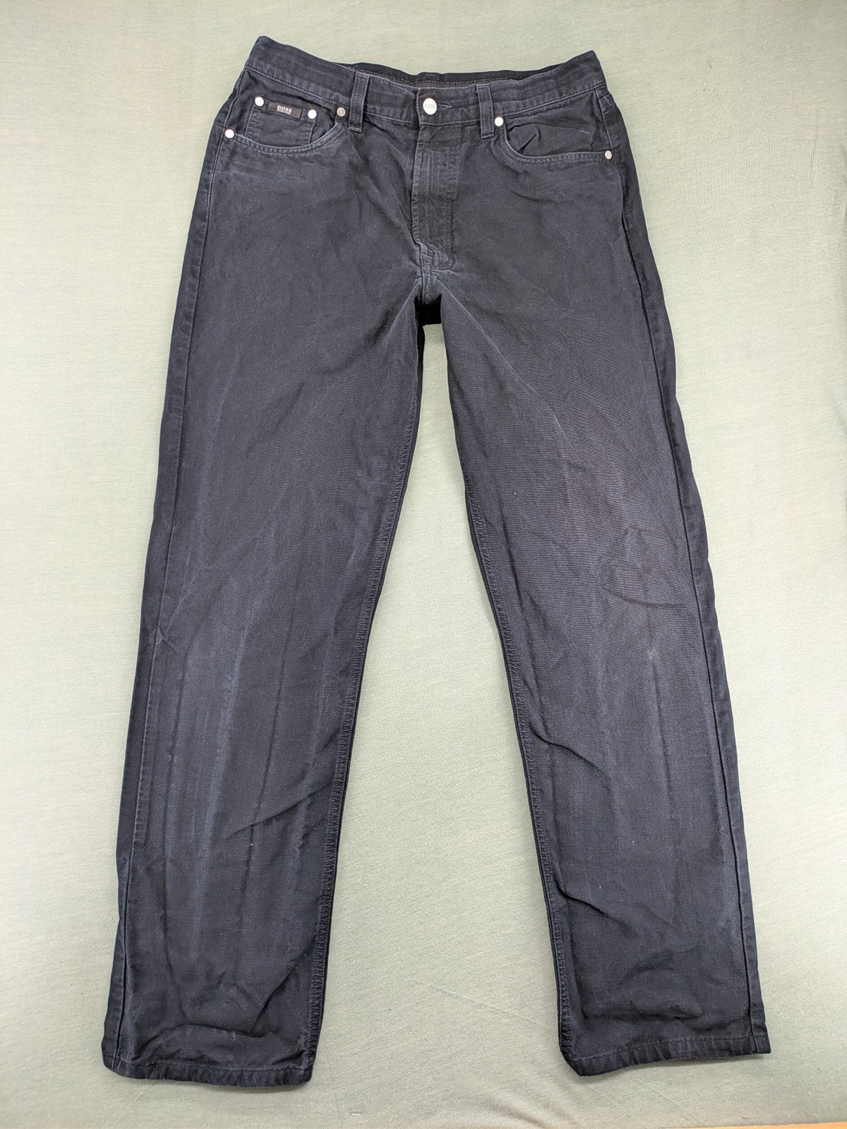 BOSS Hugo Boss grey straight jeans classic 5-pocket design with leather patch.