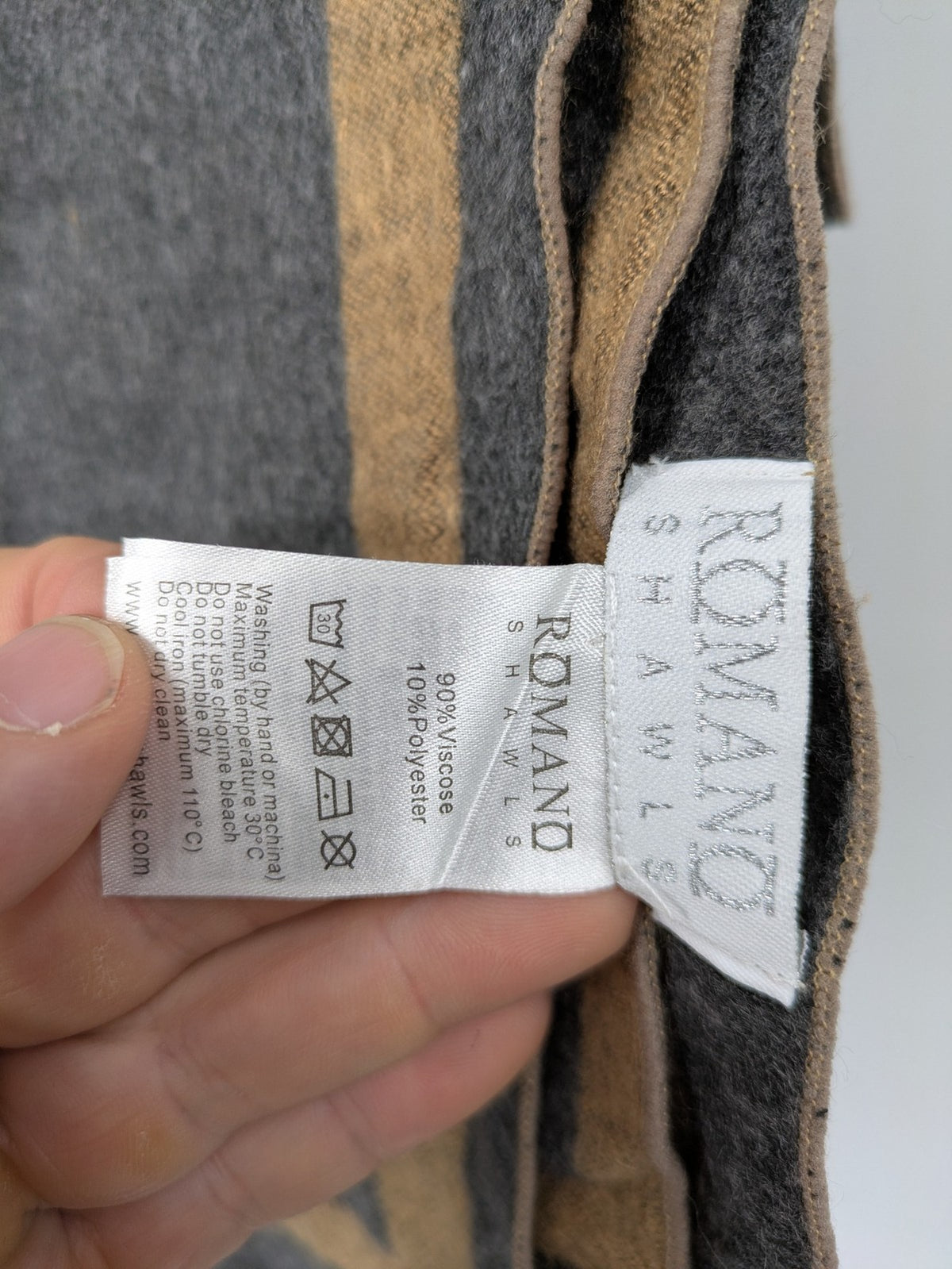 Romano beige and grey scarf with classic brown border stripes and fringes.