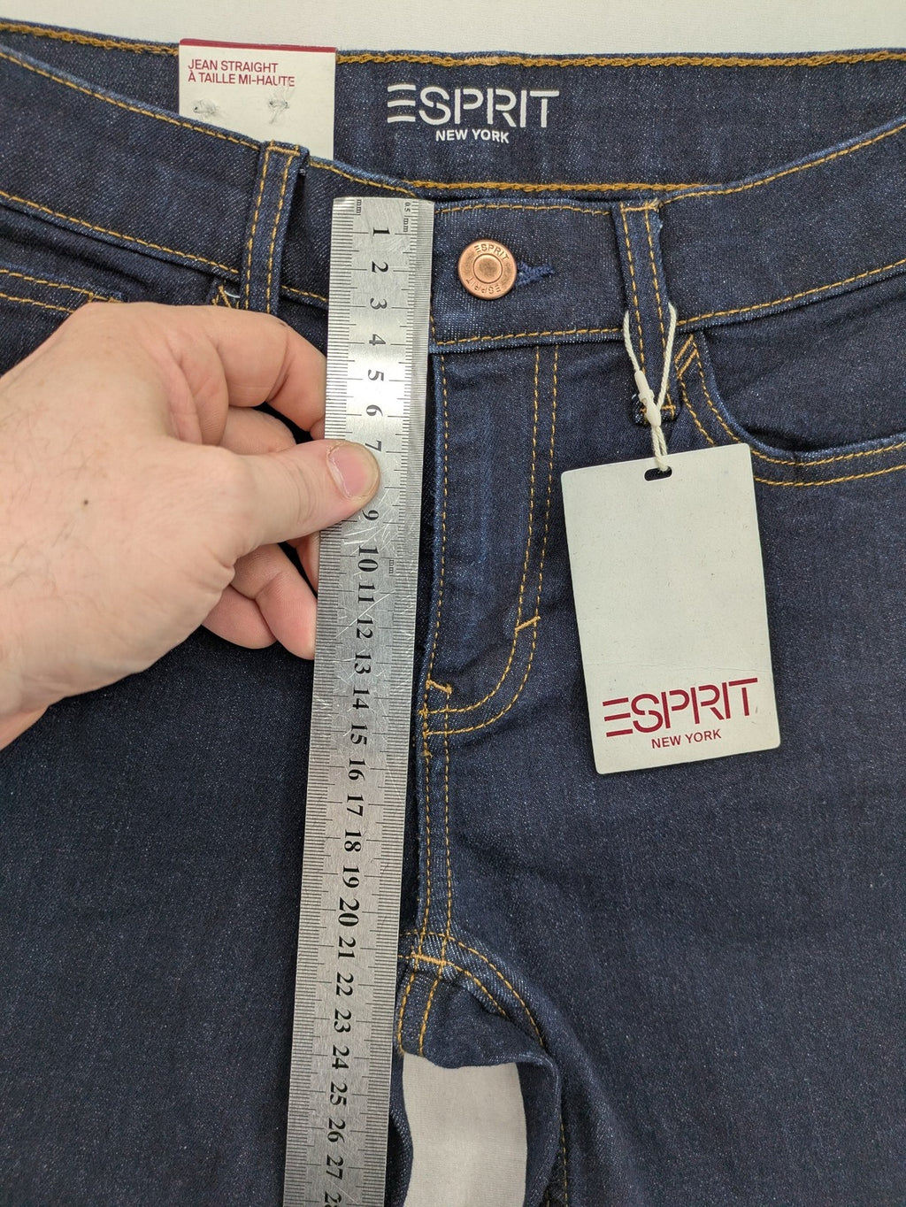 Esprit blue straight leg jeans mid rise with classic 5-pocket design and contrast stitching.