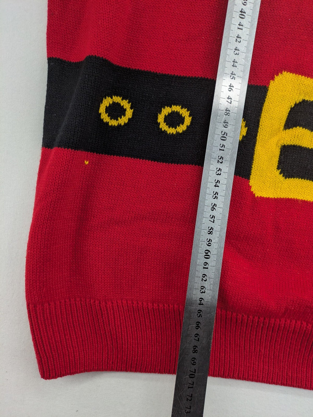 Livergy red turtle neck jumper festive Santa design with white collar and belt pattern.