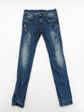 Place du Jour blue biker jeans with zippers, used-look wash, and star rivet detail.