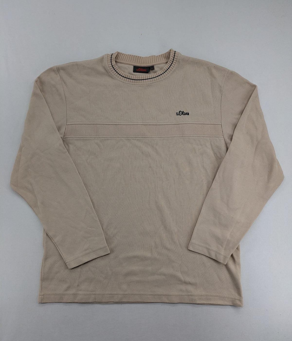 s.Oliver beige turtle neck jumper with ribbed texture and embroidered logo on chest