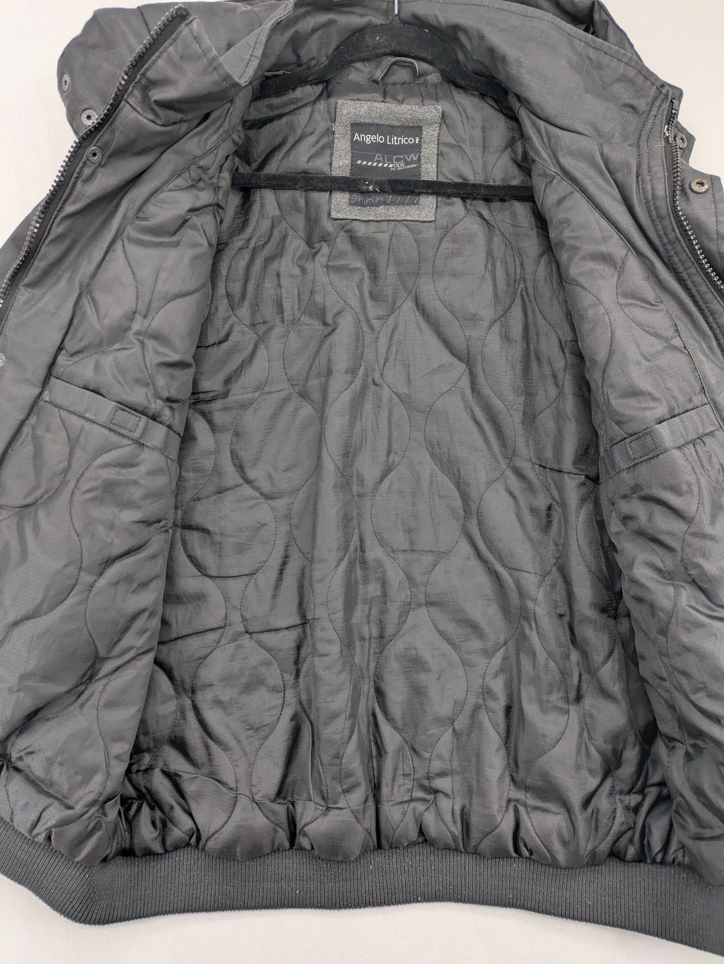 Angelo Litrico grey pilot jacket with removable hood, zip closure, and multiple pockets.