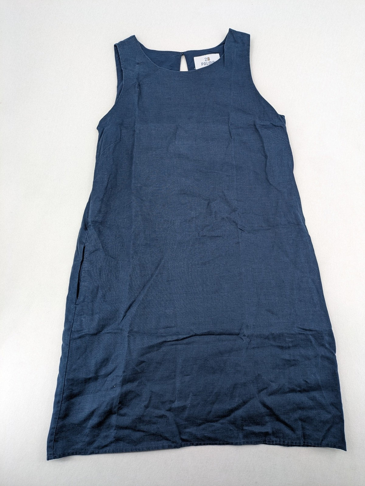 28 Palms blue A-line dress, sleeveless, 100% linen with classic round neckline.