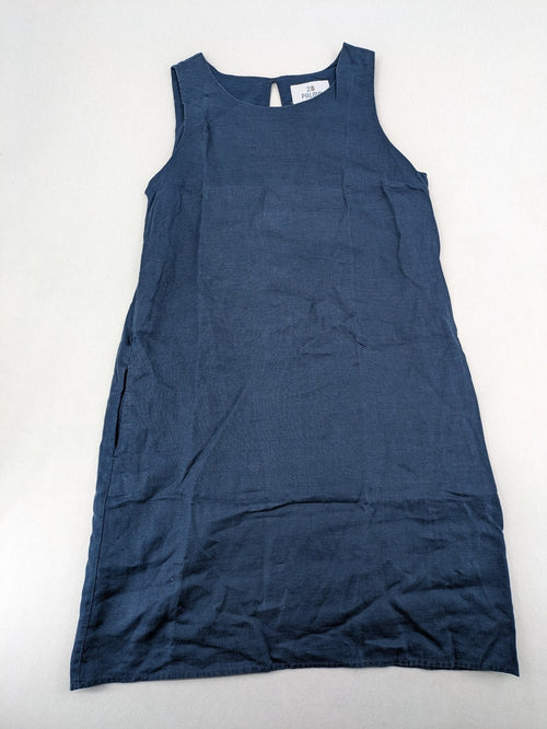 28 Palms blue A-line dress, sleeveless, 100% linen with classic round neckline.