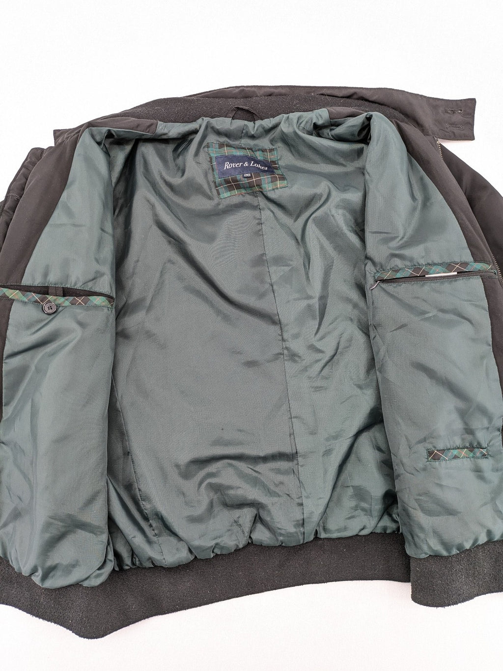 Rover & Lakes black bomber jacket padded interior, stand collar, zip front, multiple pockets.