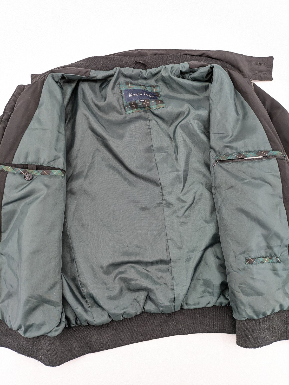 Rover & Lakes black bomber jacket padded interior, stand collar, zip front, multiple pockets.