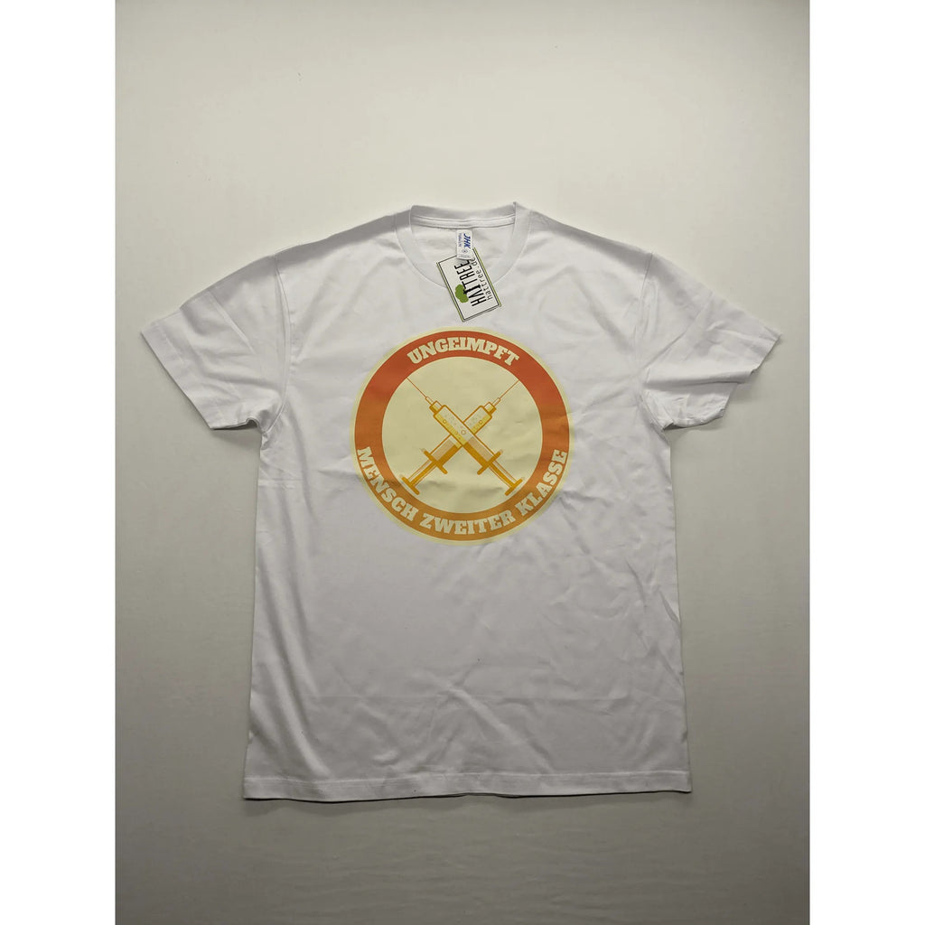 Hattree orange and white T-shirt with graphic print "Ungeimpft Mensch Zweiter Klasse".