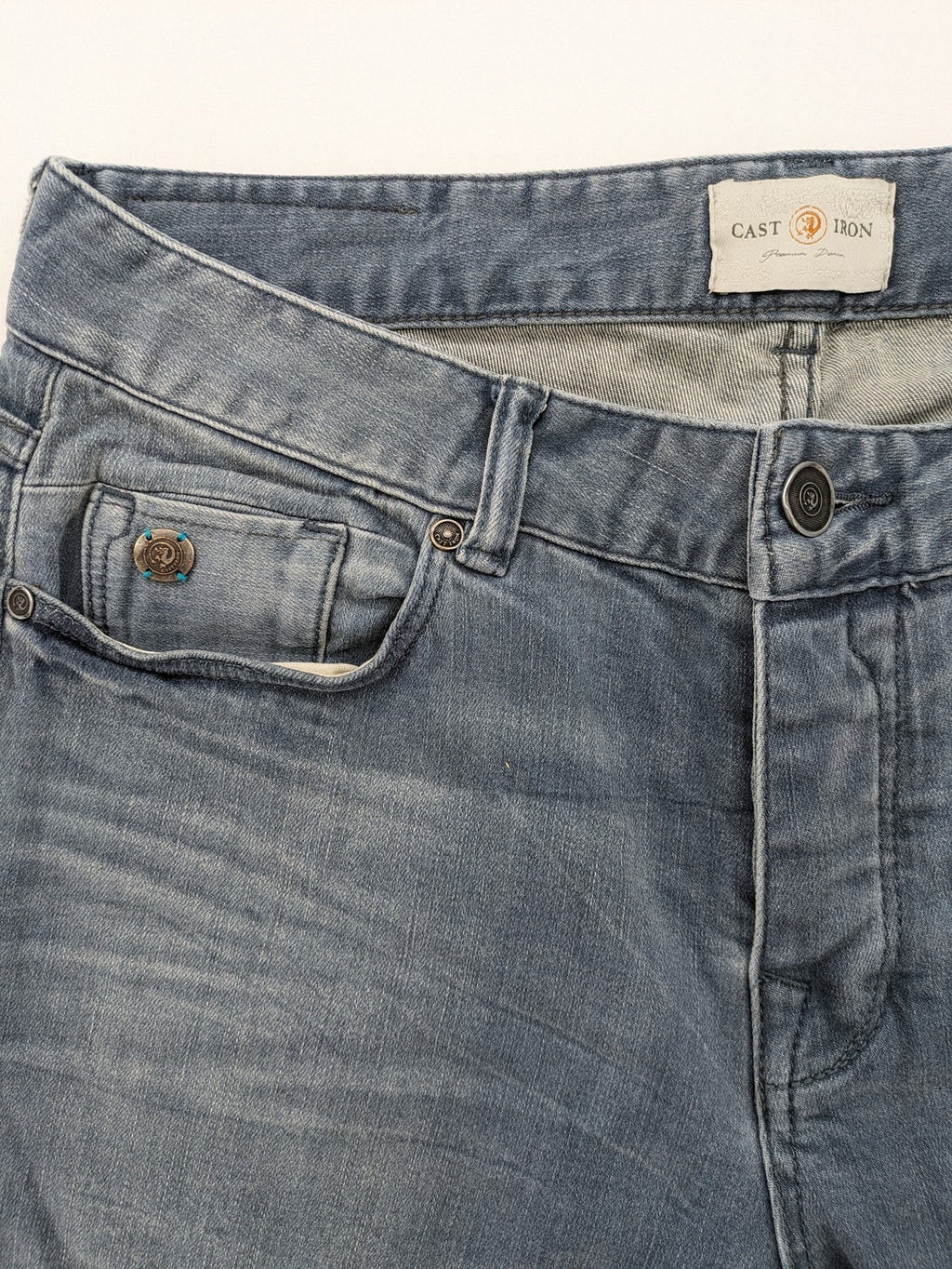 CAST IRON blue straight jeans Riser Slim Fit with classic button fly and casual wash.