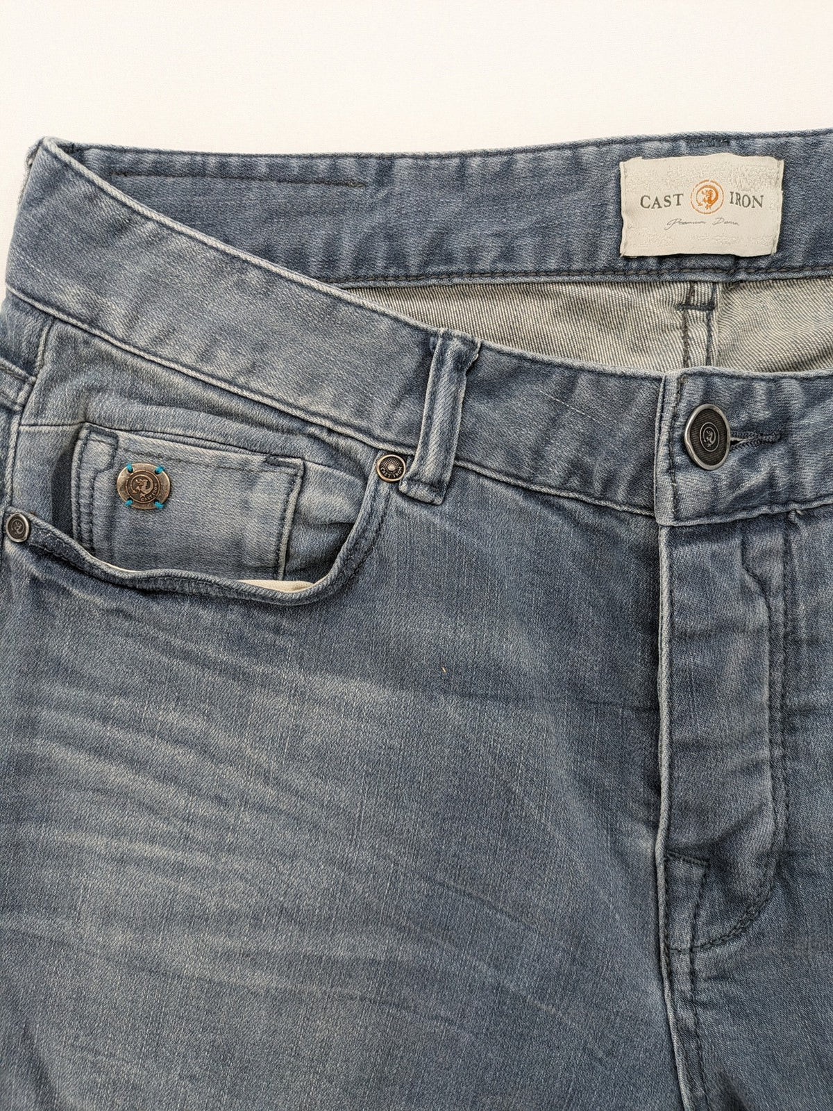 CAST IRON blue straight jeans Riser Slim Fit with classic button fly and casual wash.