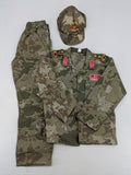 CAMOUFLAGE military uniform multi camouflage pattern with Türkiye patches and Komando embroidery.