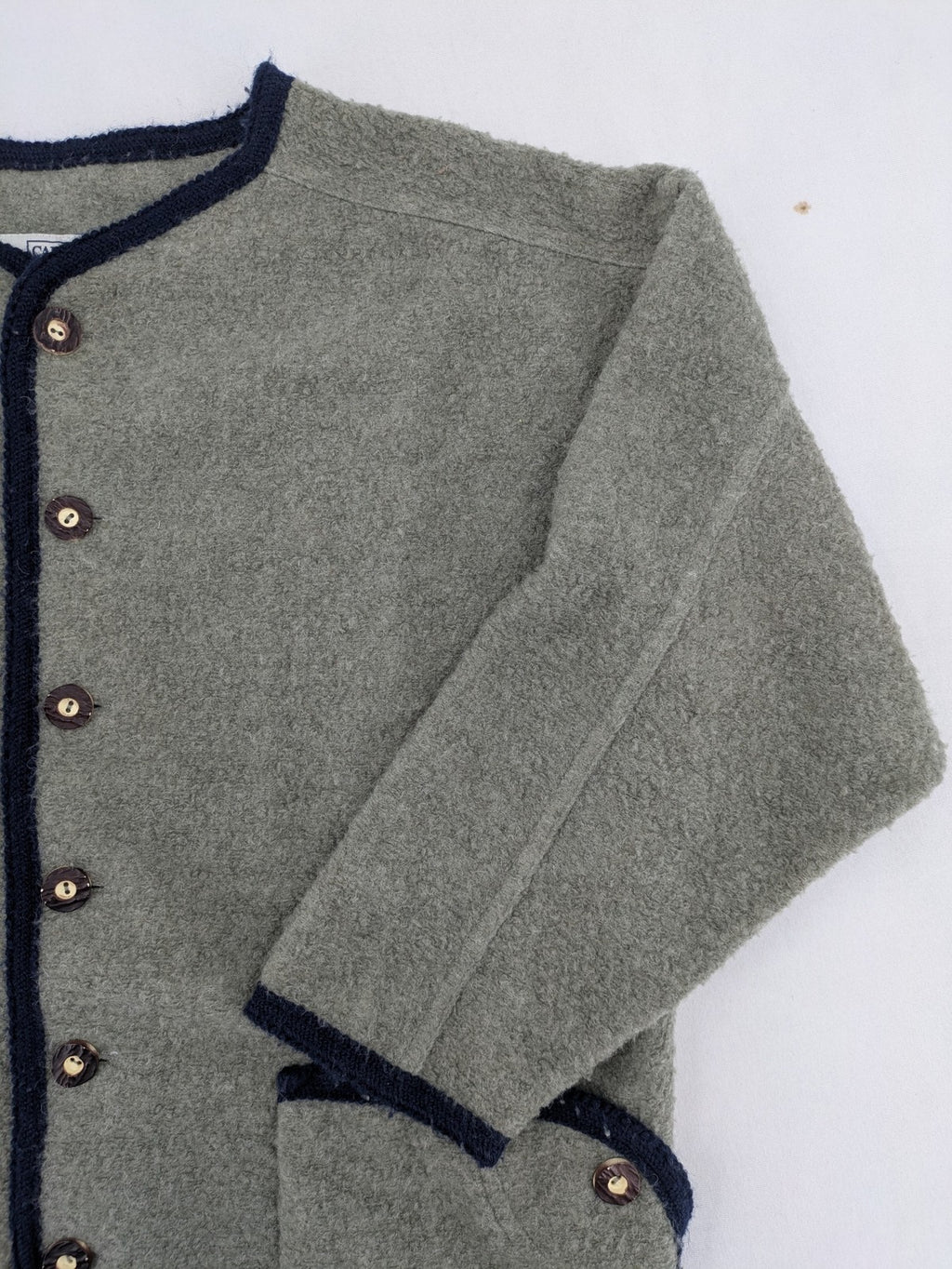 Caramasov grey and navy children's Janker jacket with contrasting trim and rustic buttons.
