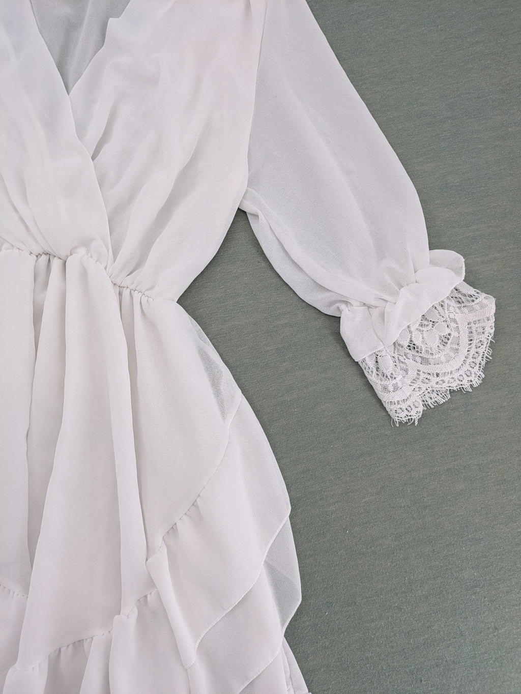 Amalfi white bridal party dress V-neck layered ruffles with lace trim sleeves