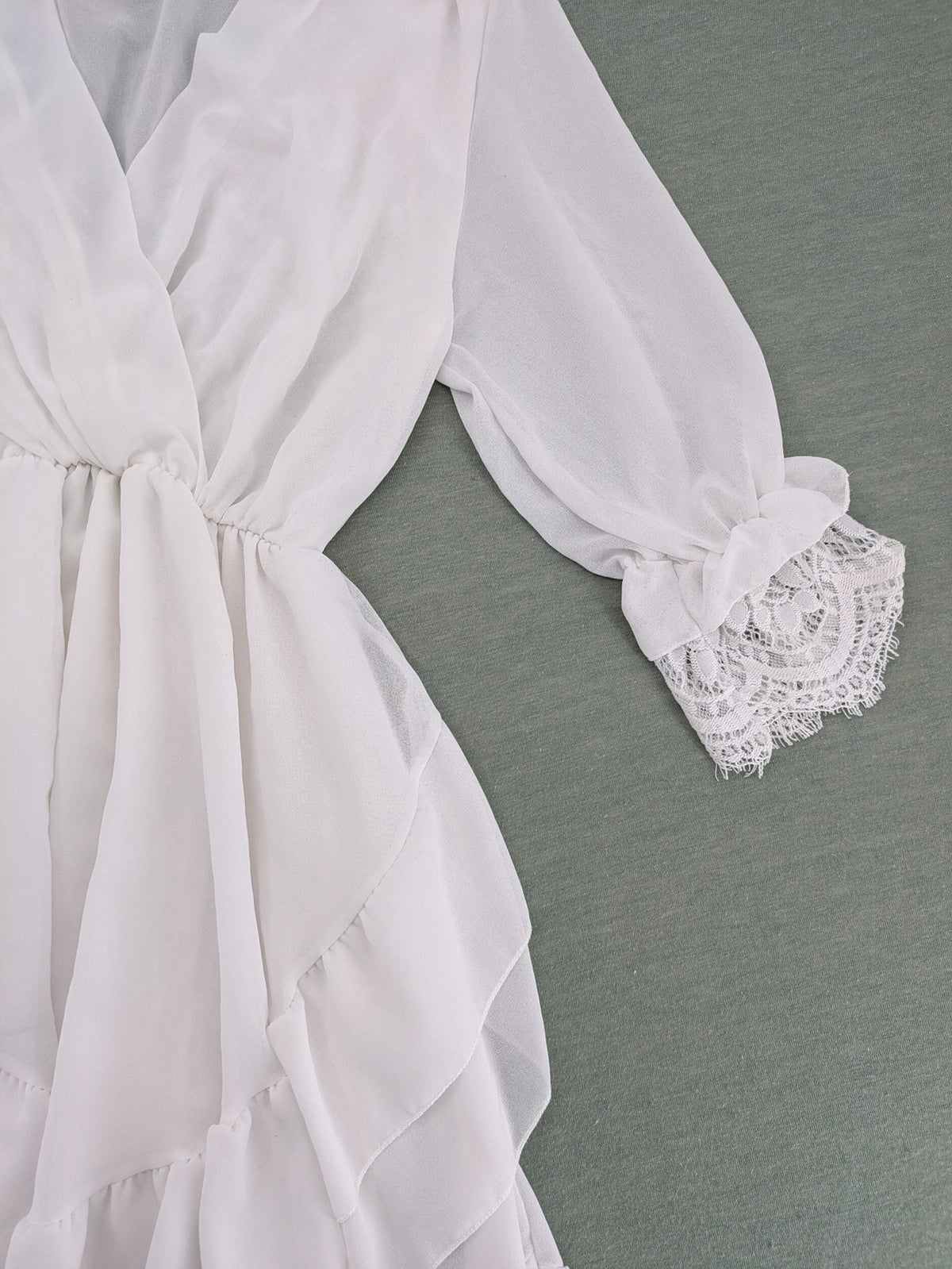 Amalfi white bridal party dress V-neck layered ruffles with lace trim sleeves