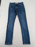 2Y Premium blue skinny jeans with distressed details and classic button fly.
