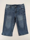 Up Fashion blue denim capri shorts, 5-pocket style, elastic waistband, soft cotton blend.