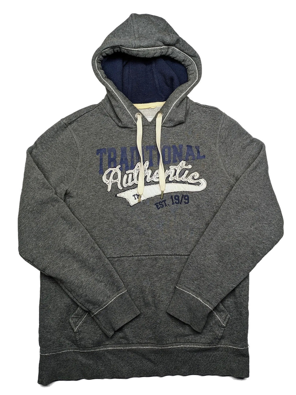 Livergy grey zip-through hoodie with "Traditional Authentic" graphic, kangaroo pocket, soft material.
