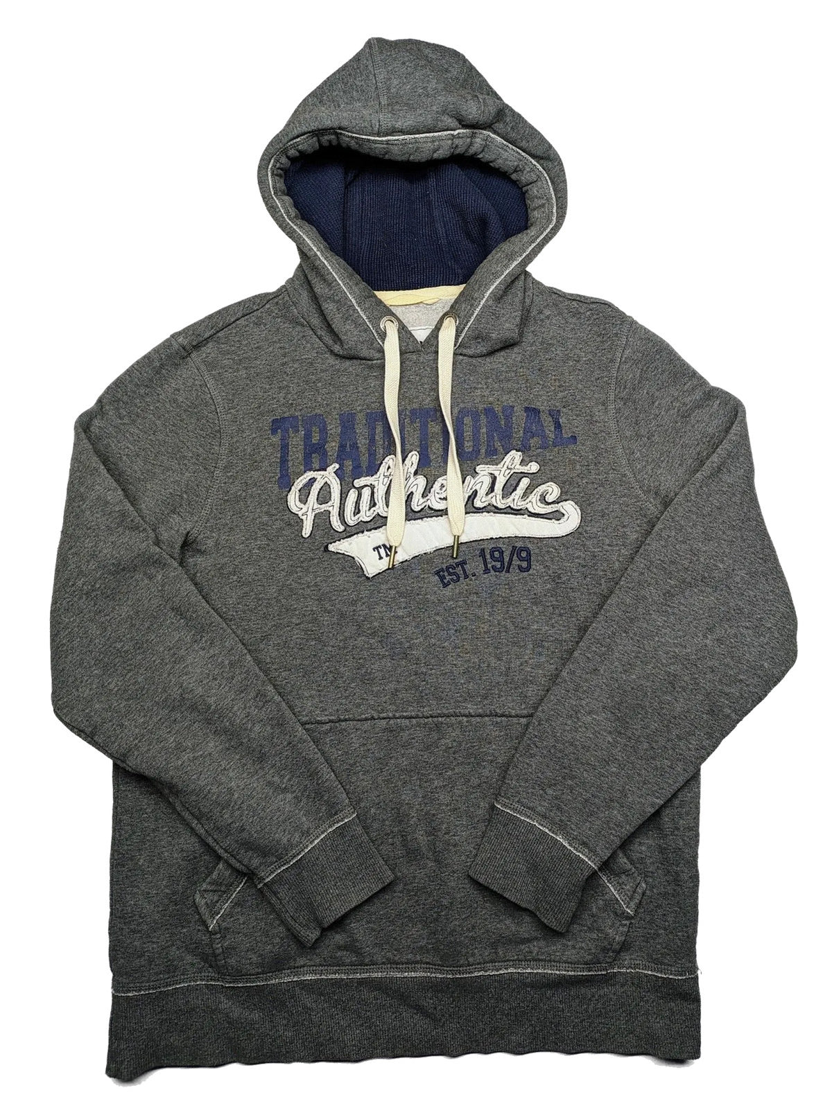 Livergy grey zip-through hoodie with "Traditional Authentic" graphic, kangaroo pocket, soft material.