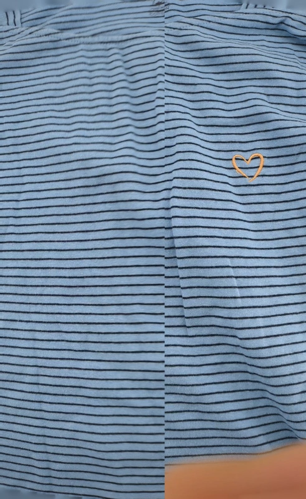 Tom Tailor blue striped top with gold heart emblem, made from organic cotton.