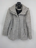 C&A grey jacket wool blend with hood, full zip, modern design, zip pockets.