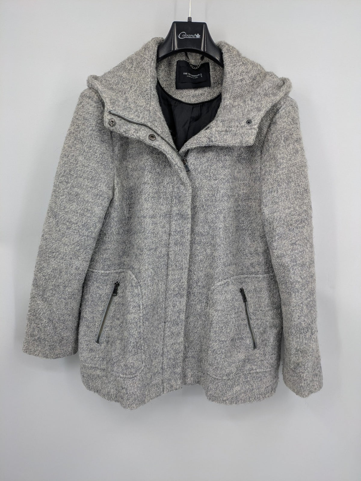 C&A grey jacket wool blend with hood, full zip, modern design, zip pockets.