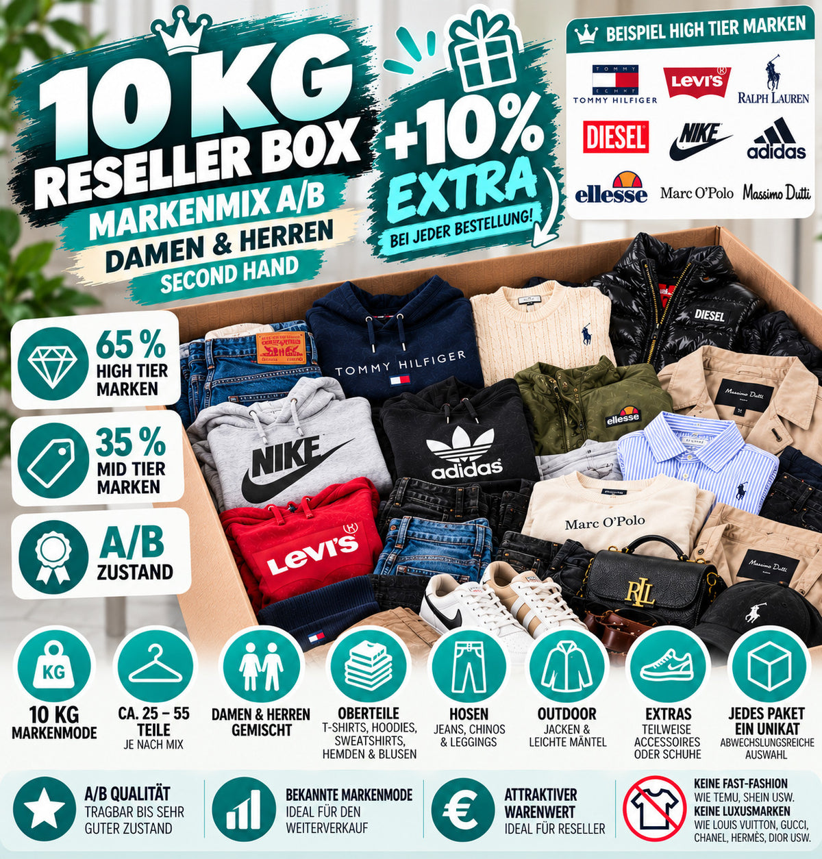 Farben navy apparel box featuring assorted secondhand clothing for men and women.
