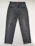 Lucky Star grey tapered high waist jeans with faded wash and red logo details.