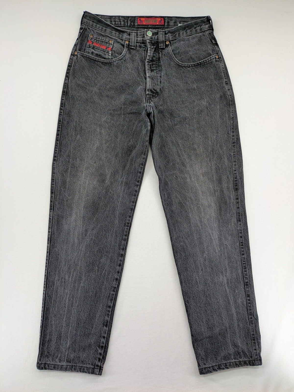 Lucky Star grey tapered high waist jeans with faded wash and red logo details.