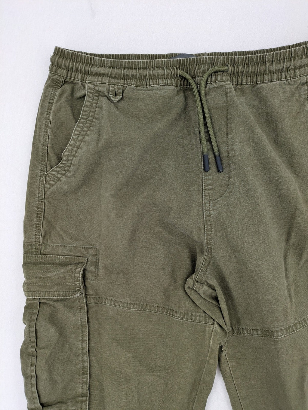 Denim & Co. khaki cargo jogger pants with elastic waistband and multiple pockets.