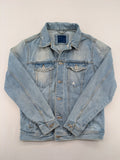Zara Man blue denim jacket distressed with button closure and chest pockets.