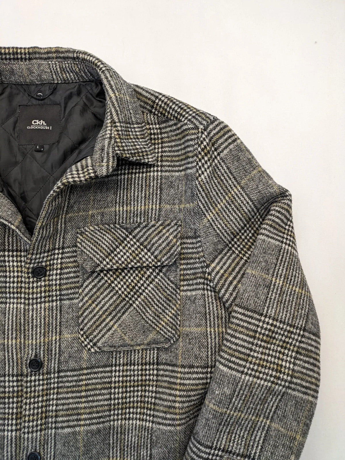 Clockhouse grey check shacket jacket with quilted lining and logo detail.
