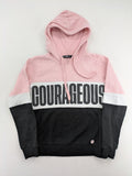 FB Sister multi hoodie colorblock design pink, white, black with "COURAGEOUS" graphic print.