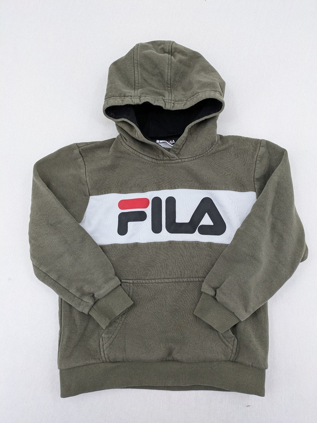 Fila turtle neck jumper khaki with large white logo and kangaroo pocket.