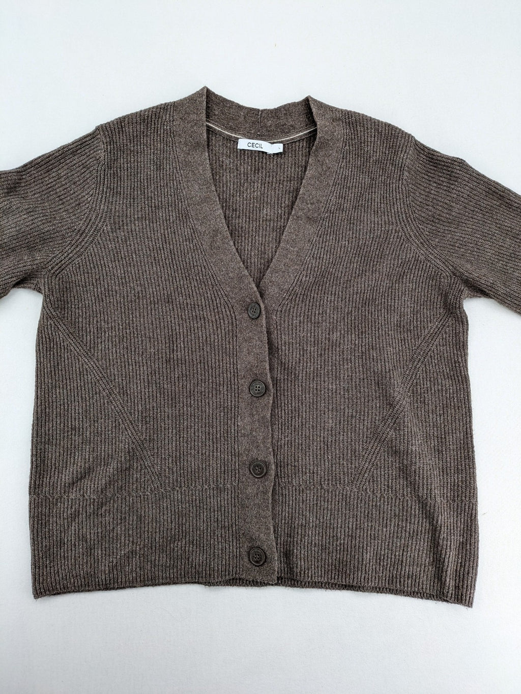 Cecil grey turtle neck jumper ribbed texture V-neck with button closure.