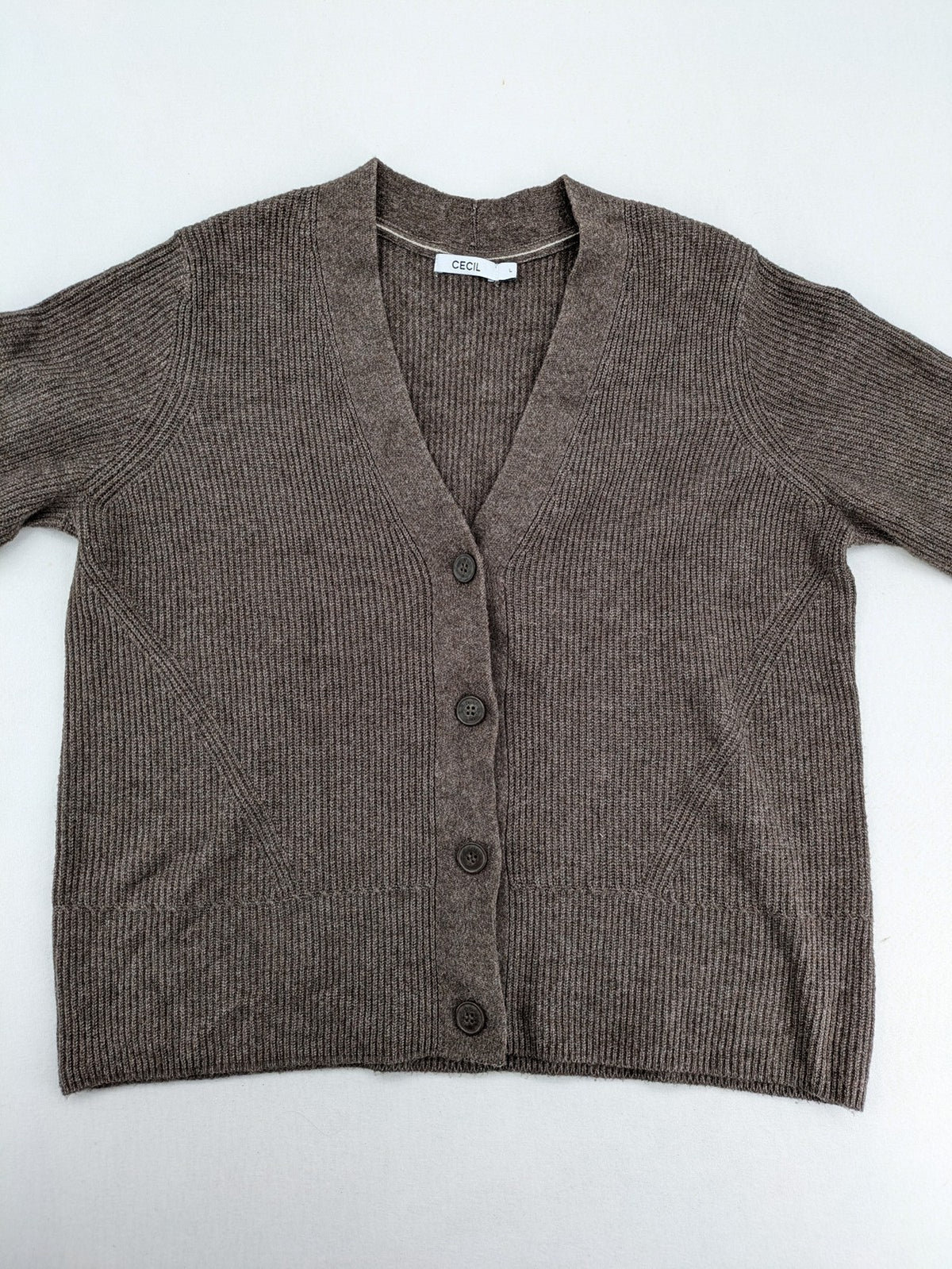 Cecil grey turtle neck jumper ribbed texture V-neck with button closure.