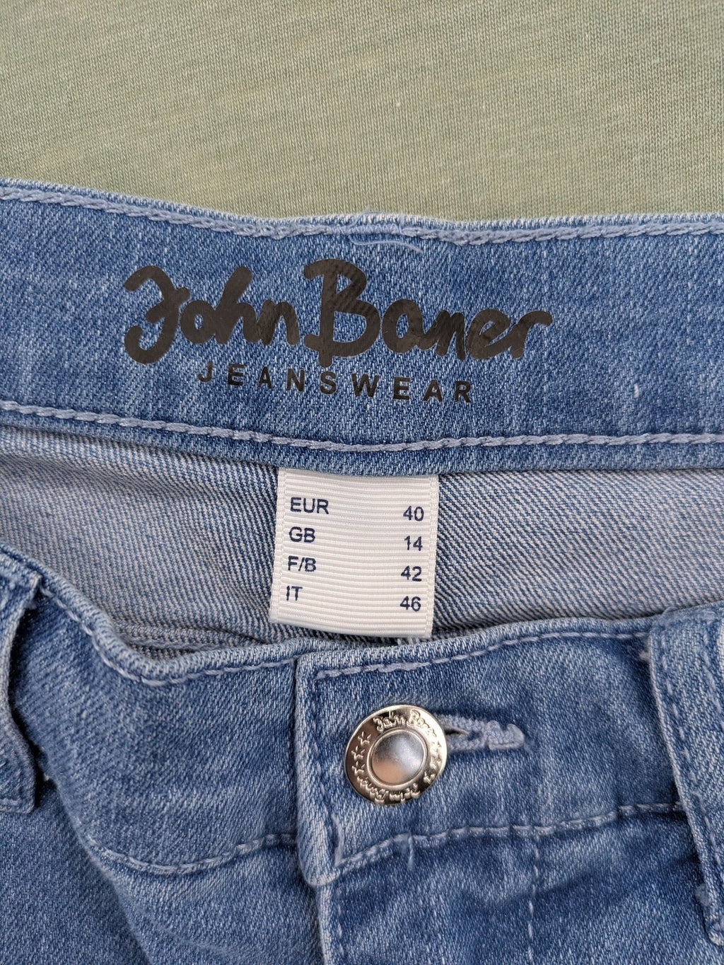 john baner blue straight jeans with decorative seams and button accents, stretch cotton blend