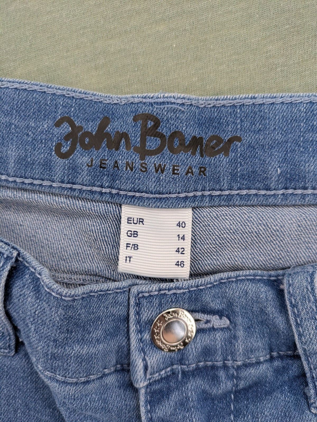 john baner blue straight jeans with decorative seams and button accents, stretch cotton blend