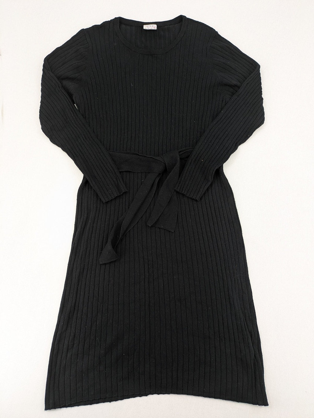 ESMARA black pullover dress ribbed knit with matching fabric belt and long sleeves