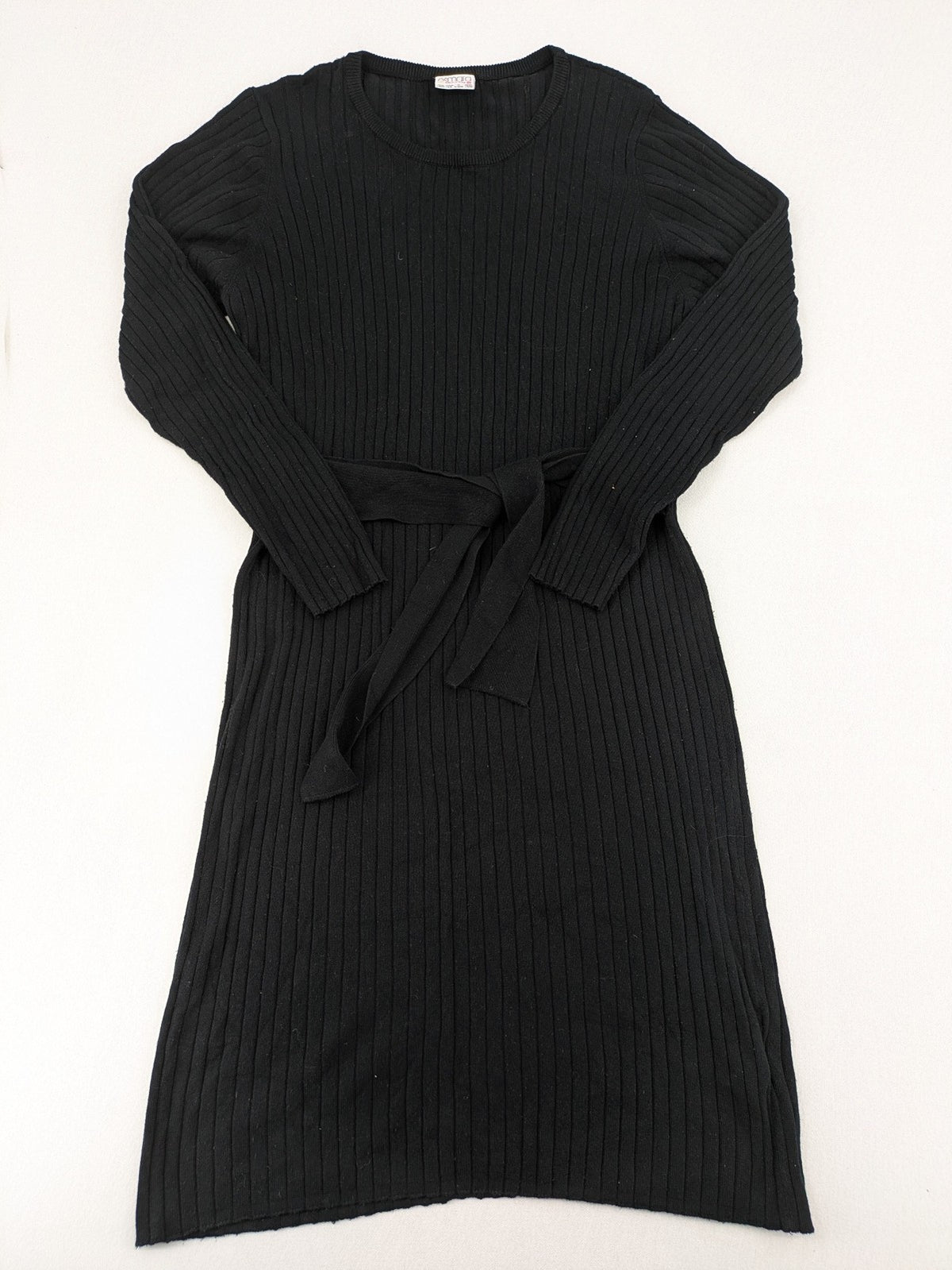 ESMARA black pullover dress ribbed knit with matching fabric belt and long sleeves