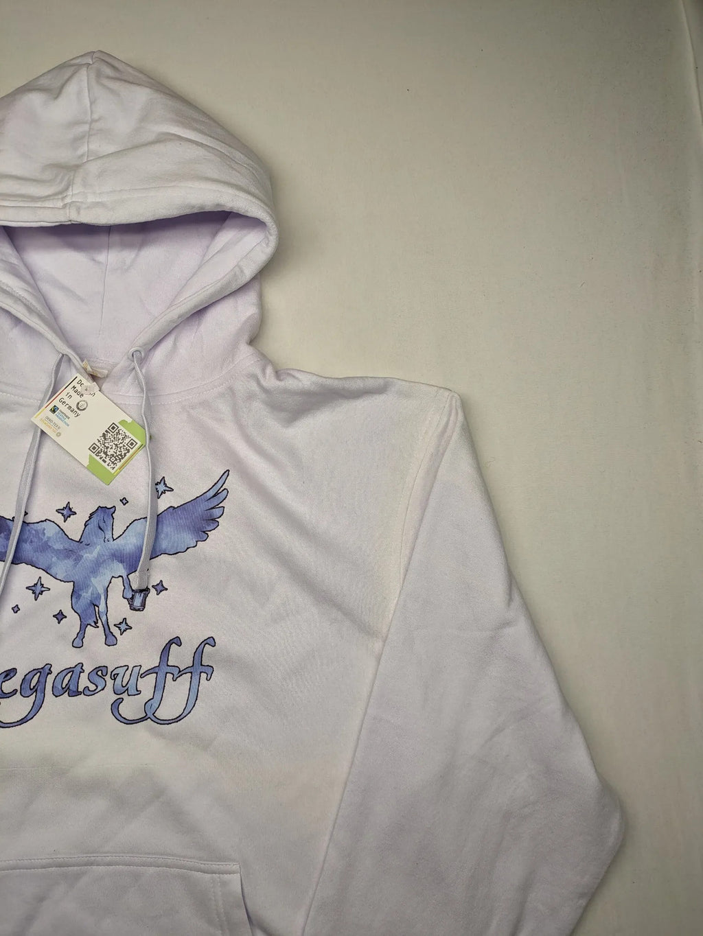 JHK blue hoodie with white "Pegasuff" graphic print and kangaroo pocket.