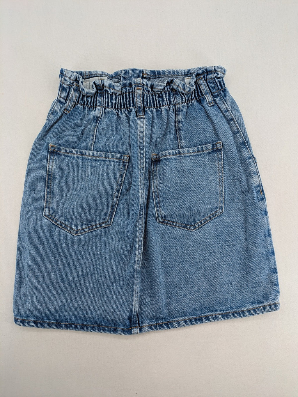 MNG blue knee-length skirt high waist paperbag style with elastic back and classic wash.