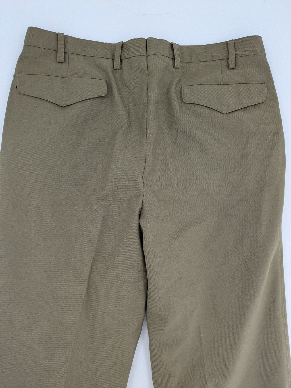 Bundeswehr khaki military uniform trousers with front pleats, zipper, and belt loops.