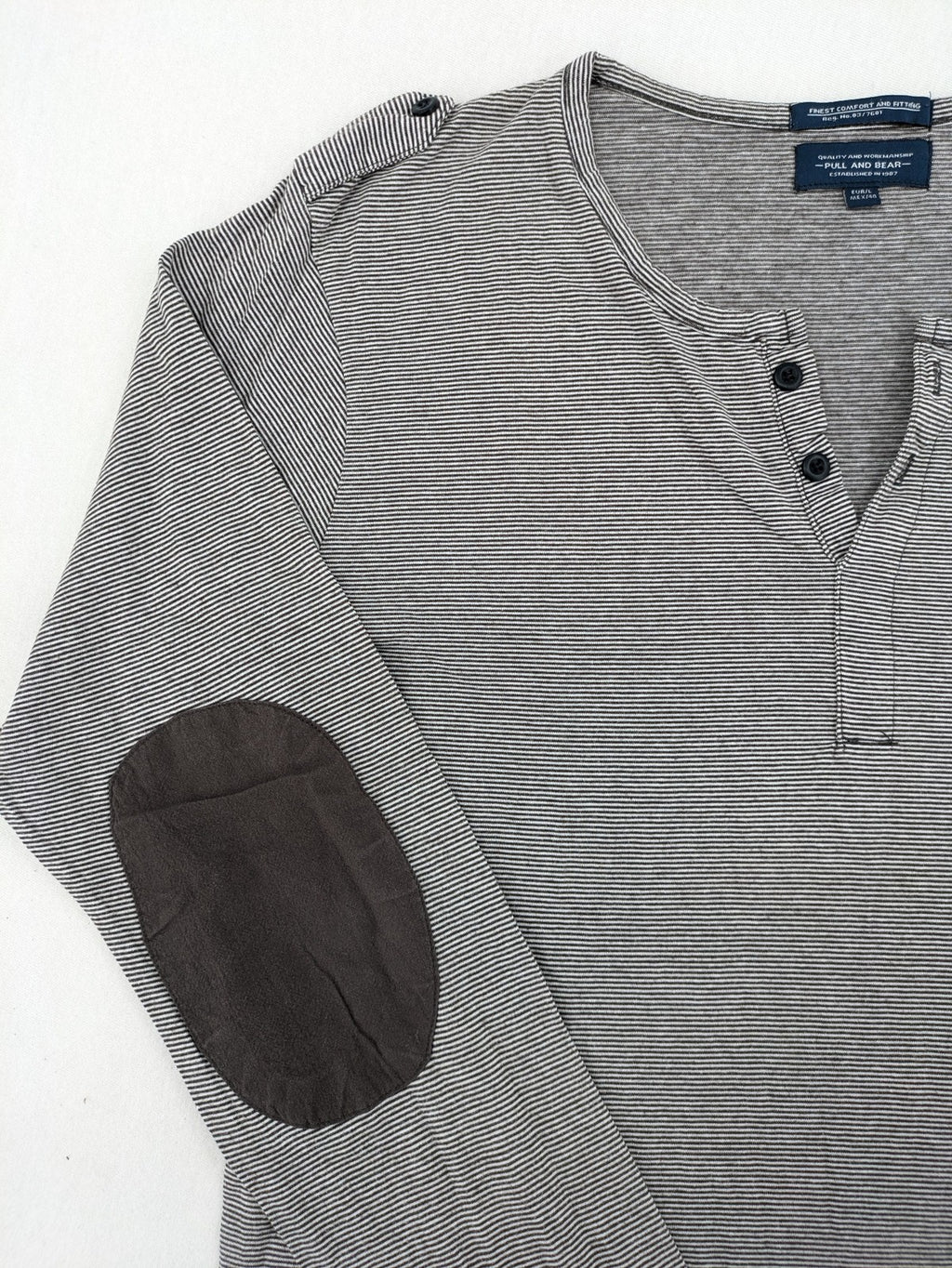 Pull&Bear grey striped Henley shirt with elbow patches and decorative shoulder flaps.